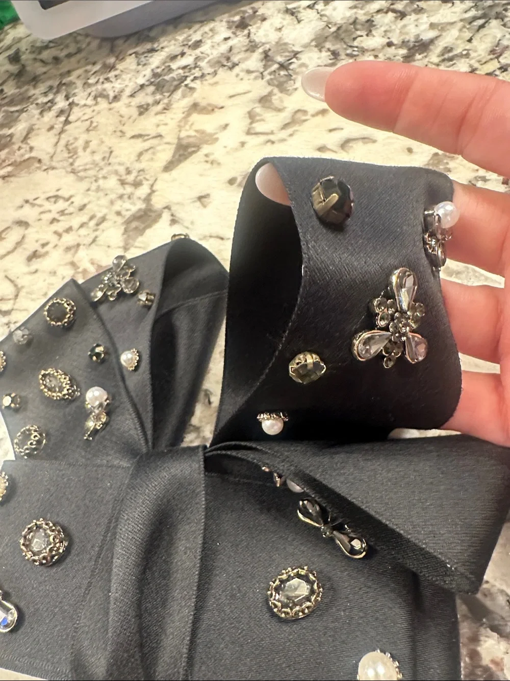 Saks Fifth Avenue Black Bow Hair Clip with Pearl & Crystal Accents